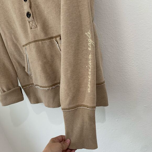 VTG Y2K American Eagle Womens Large Graphic Hoodie Pullover Tan Raw Edges Henley - Picture 4 of 15